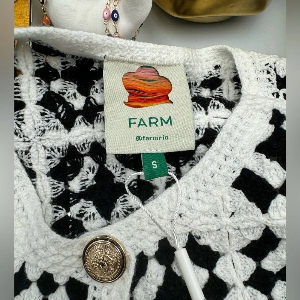 🆕 FARM Rio 🧿 NWT Patch Crochet Black & White Monochrome Button Up Jacket, Sz S - Picture 14 of 16